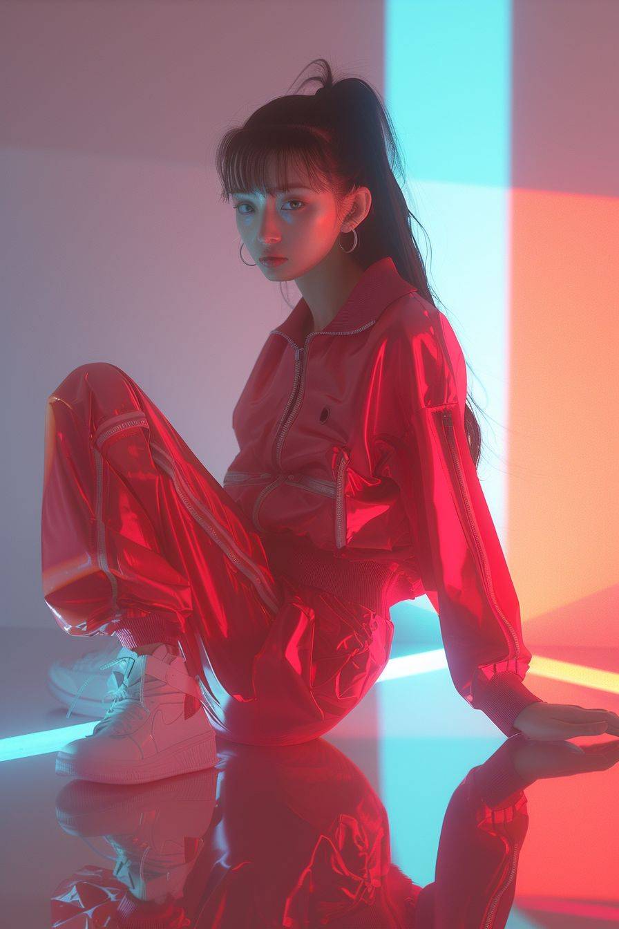 Stealth photo of a Japanese Z generation actress Unnoticed Reflection, full body, Nana Komatsu Style, social media portraiture, rendered in Cinema4D, optical, outrun --ar 2:3