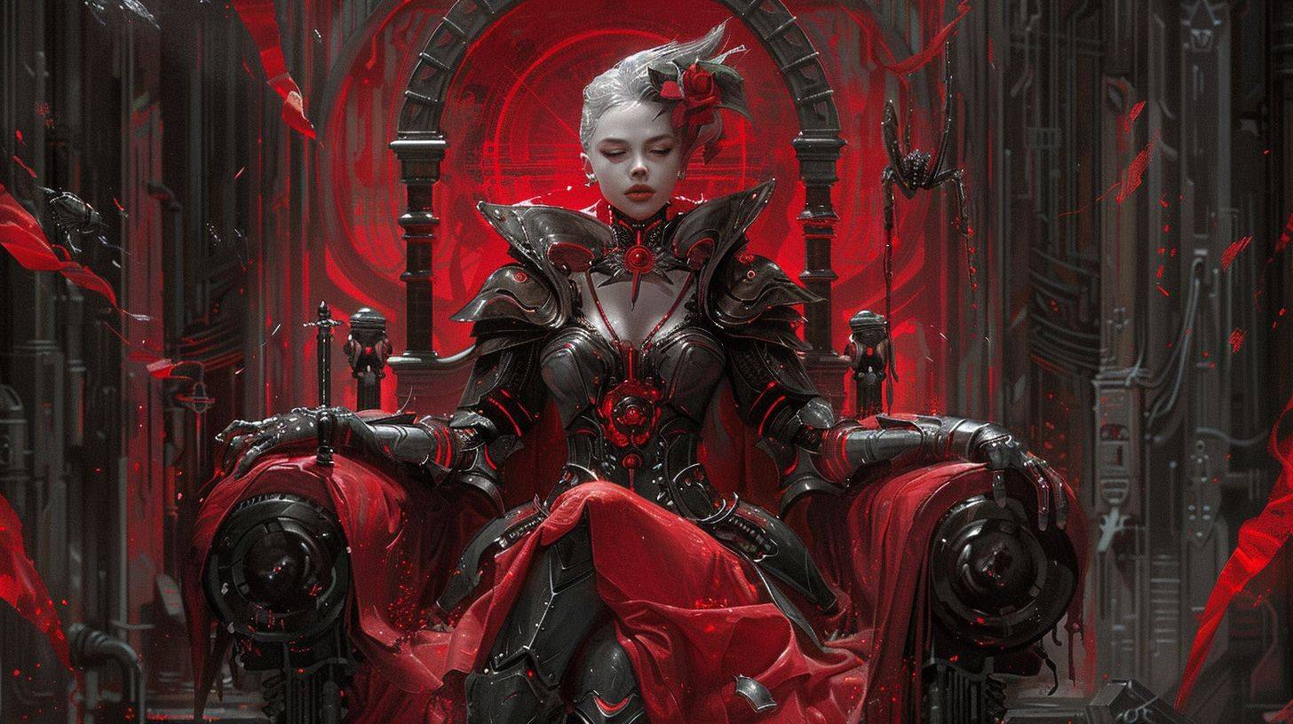 A woman sitting on a throne, in the style of dark gray and dark crimson, mechanized precision, UE5, matte photo, Nobuo Sekine --chaos 10 --aspect ratio 16:9 --stylize 150