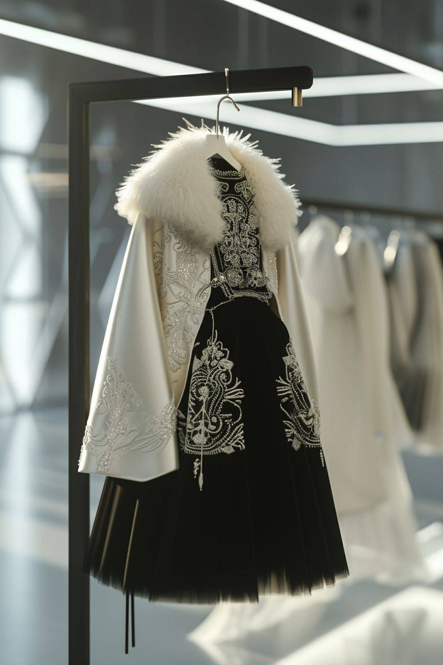 A Chinese-style cloak with a long fur collar hangs on a hanger, a long black skirt hangs on a hanger, a loose and comfortable skirt design, white fabric, plush jacket, vertical smoothness, full of charm, nobility, elegance, octane rendering, Unreal Engine 5, ultra high image quality, ultra high definition, masterpiece, bright glass showroom background