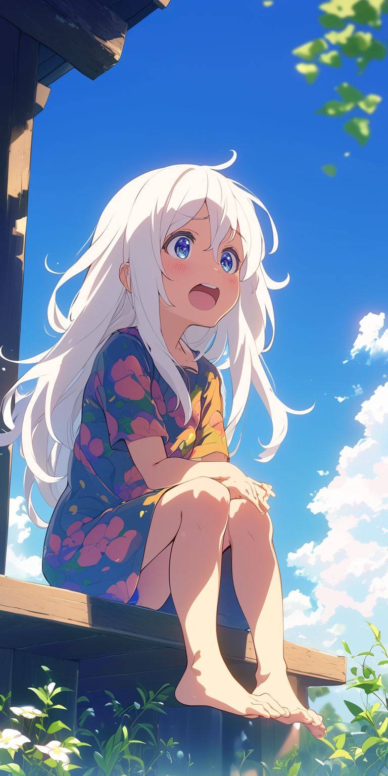 A girl, singing solo, cute, sweet, wearing a simple colorful dress, 2 years old this year. She has long white hair and a pair of big eyes, sitting there very angry. This scene comes from the animation --ar 1:2 --niji 6