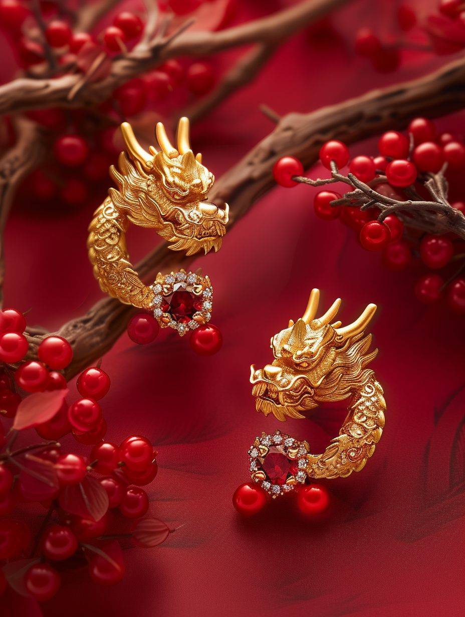 Pair of ruby Chinese dragon head diamond yellow gold earrings, Chinese style, David Yurman style, fine rendered texture, yellow gold pattern, delicate, 8K, commercial photography, Chinese New Year red background
