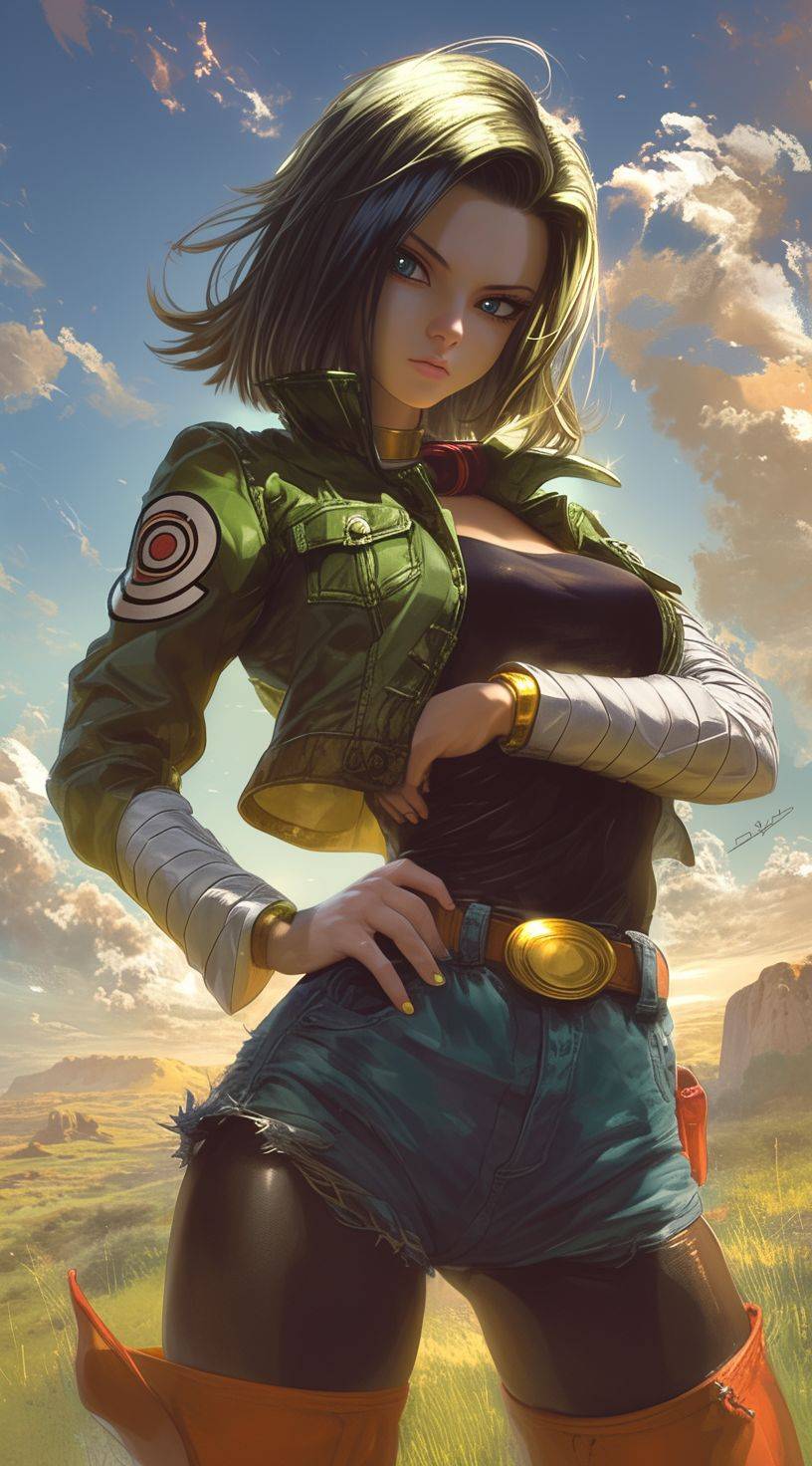 Dragon Ball Super character Android 17, in the style of Hajime Sorayama, textured surface layers, gold and emerald, dynamic outdoor shots, realist detail, expansive skies