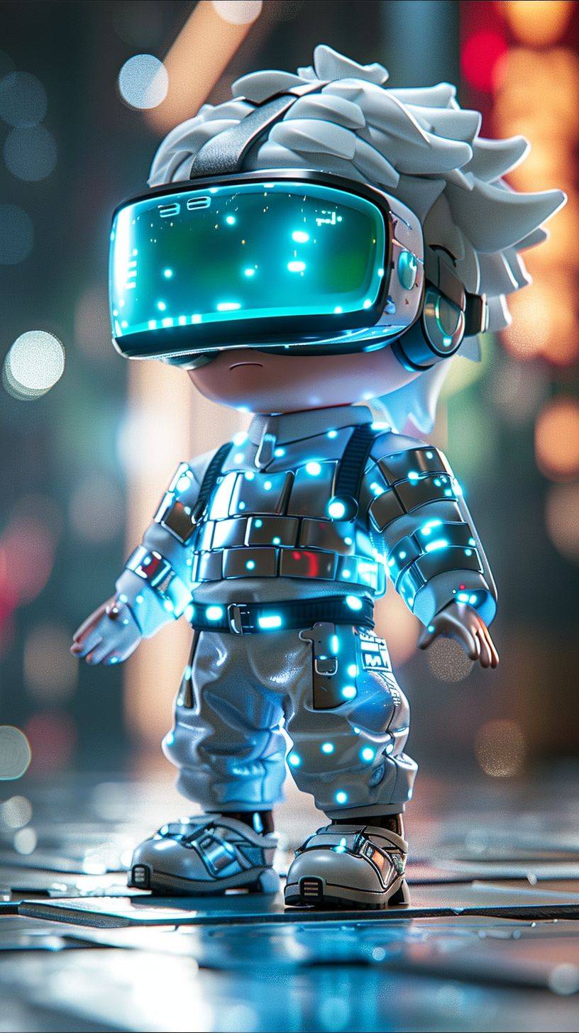 Fashionable toy design, a mature boy with light blue and white short hair, wearing VR glass textured glasses, raising his hand to touch the virtual, jumping movements, smiling, wearing an exquisite silver white glowing jacket, paired with a high-end light blue natural color scheme, bright and harmonious, cute and colorful detail character design, embellished with green decoration, pixels, clay material, pink, studio lighting, rear view, octane rendering, mixer, ultra-high quality, ultra-high definition, 8K, vivid brushstrokes, on white isolated backgrround --ar 9:16 --stylize 750