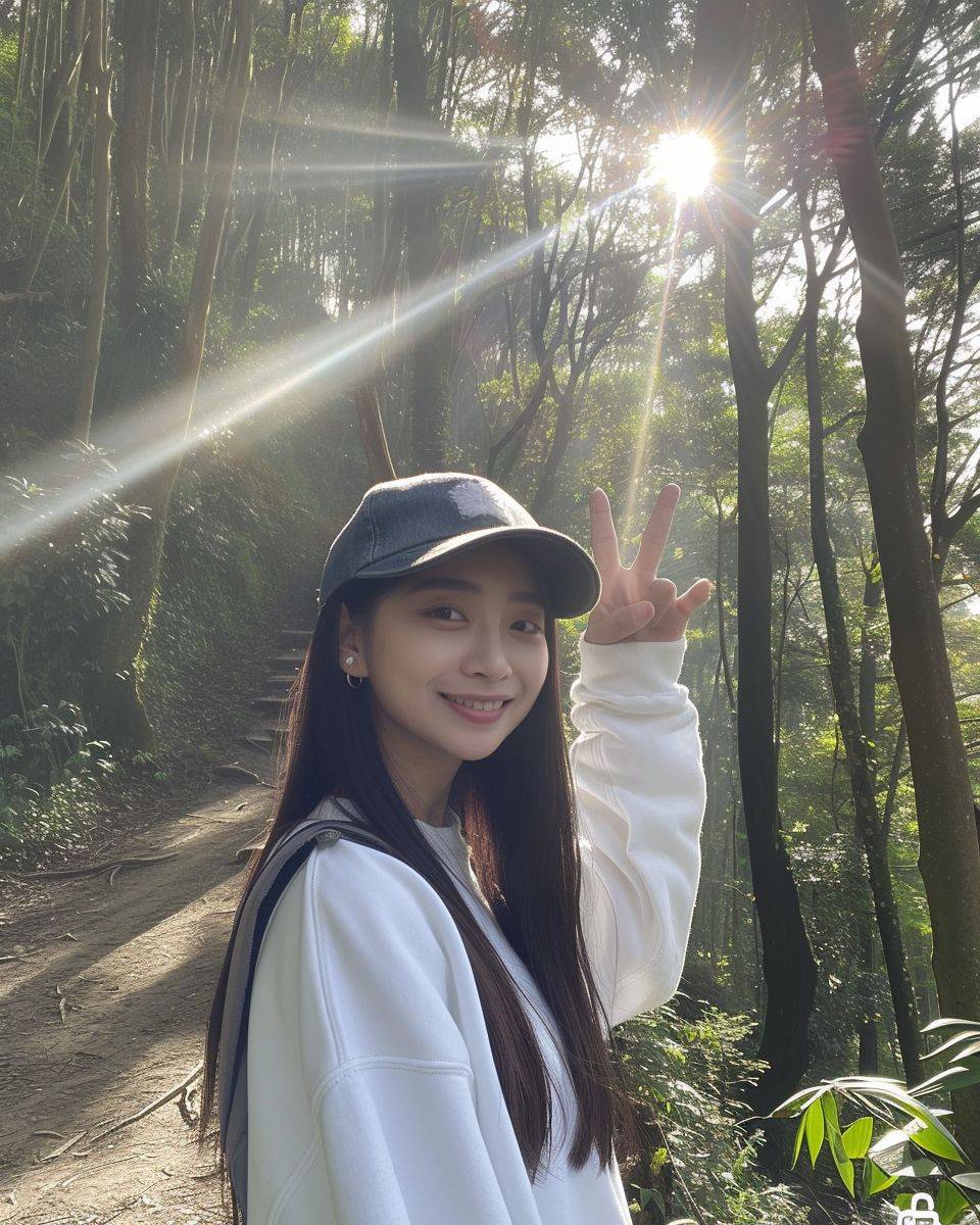 A girl resembling TWICE's Tzuyu took a selfie using an iPhone15. The photo was taken in a frontal shot, with a slightly chubby appearance, wearing a white sweatshirt, denim baseball cap, and long straight black hair. She is making a victory sign with her right hand on a forest path in Alishan, Taiwan, surrounded by tropical alpine trees. The sunlight filtering through the leaves is bright, even, and soft.