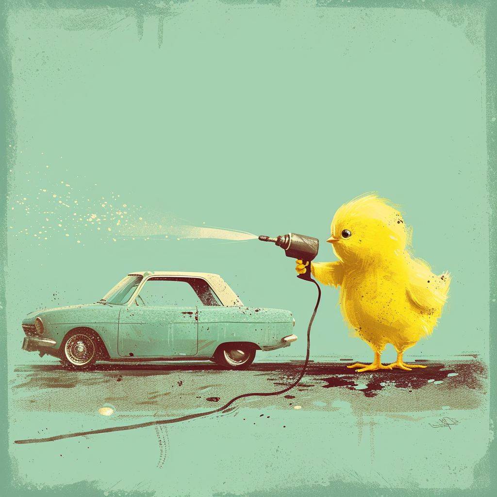 滑稽でミニマリストなイラストで、アクティブにスプレーガンを使って車を塗る黄色のイースターチキンが描かれています。
