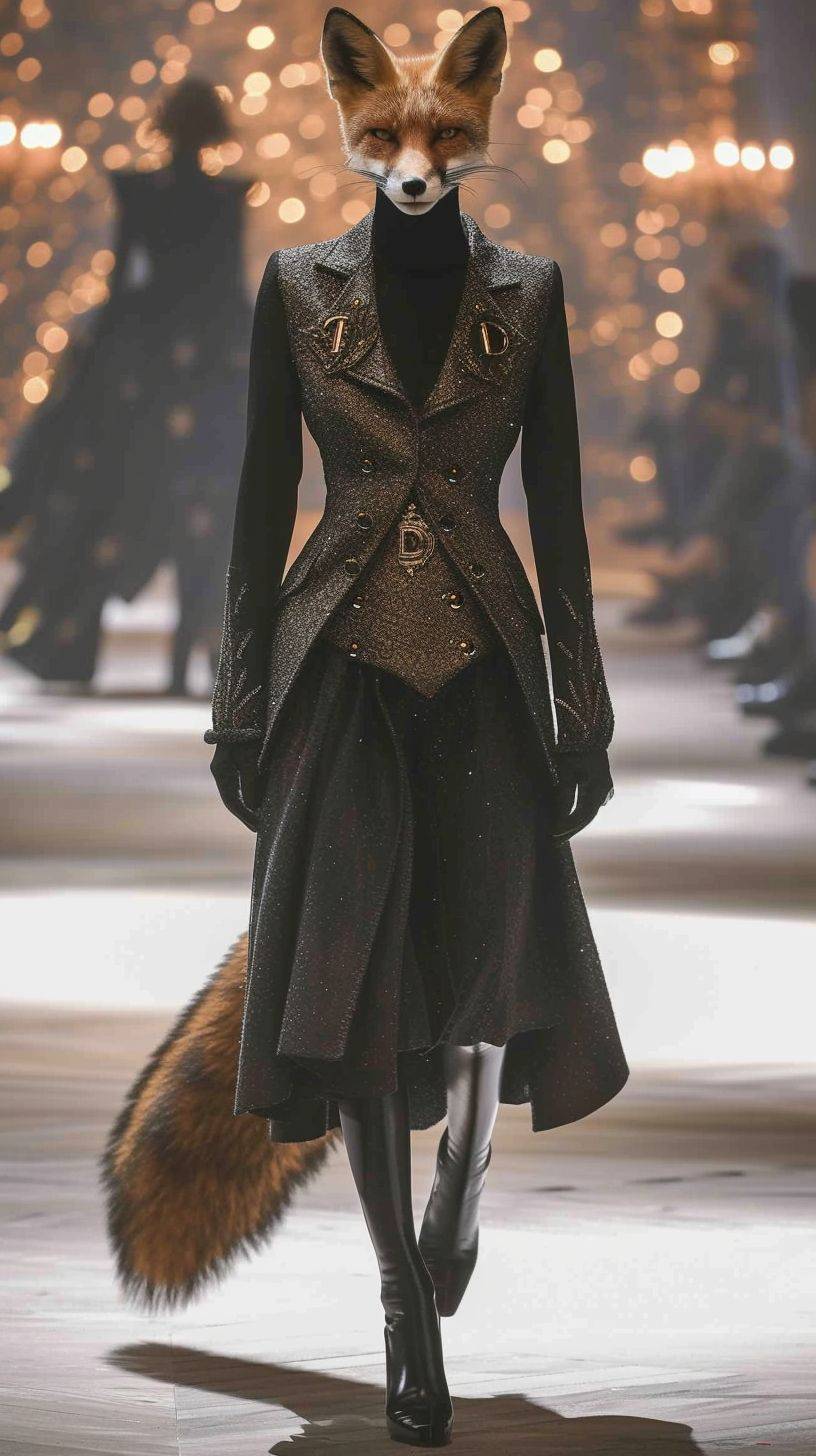 Anthropomorphic fox, Fashion runway, Full body, fox wearing Dior fashion clothes, anthropomorphic, high-end design style, Cold and beautiful, A slender and slender figure, Milan Fashion Show, Full body, Dynamic capture of runway shows