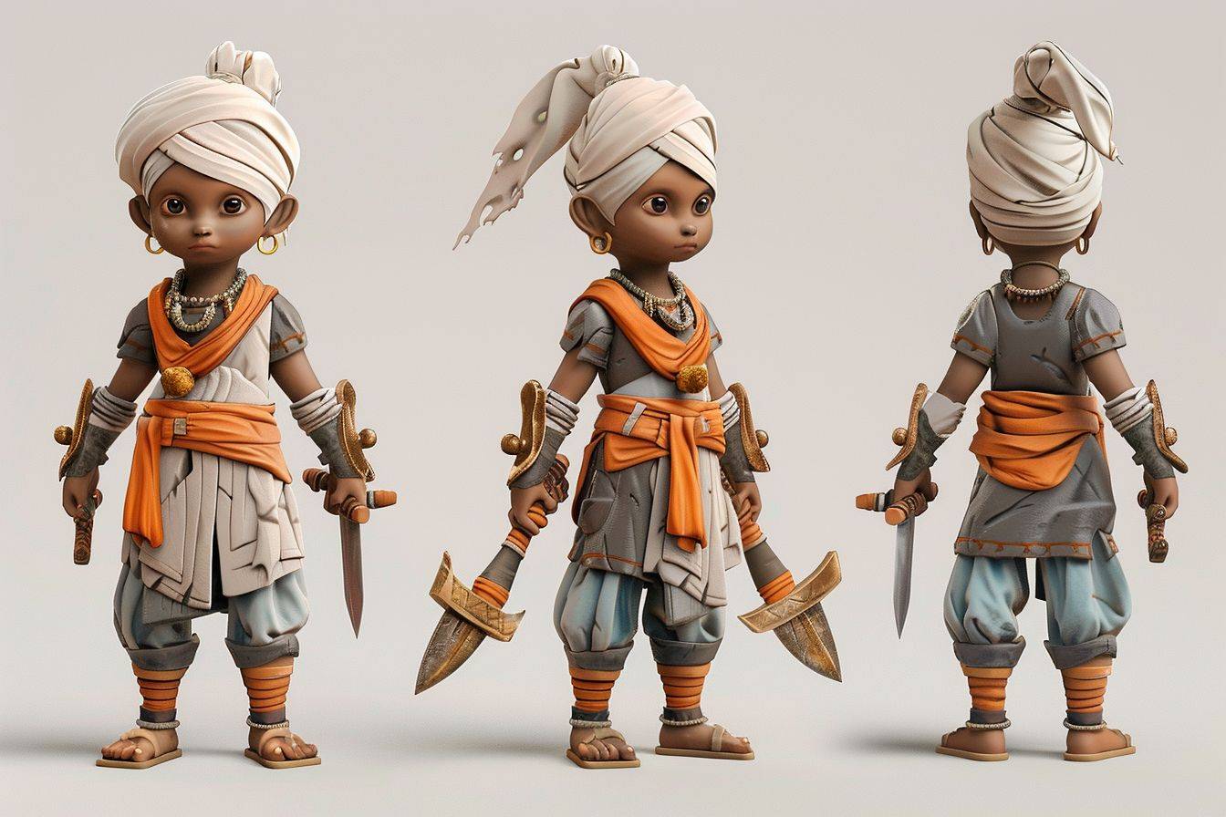 3D model of a dark-skinned 7-year-old boy, assassin, with a blond wooden sword, wearing Nihang Singh warrior clothes and turban, front and side angle on character sheet, daggers on his belt, 3D anime style.