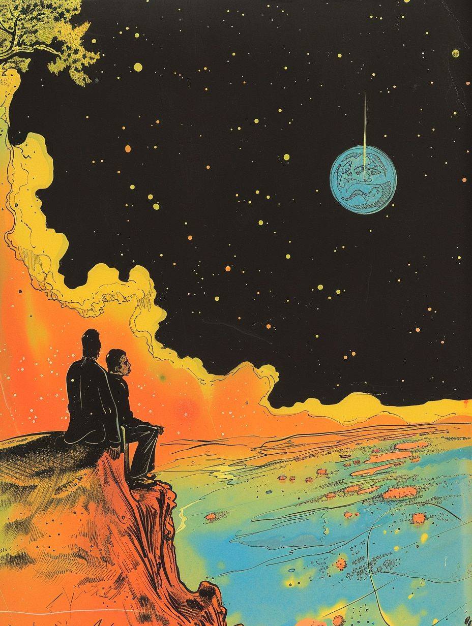 Color, pen and ink, illustrated by Hergé, background of space and earth. A sad man and a happy woman