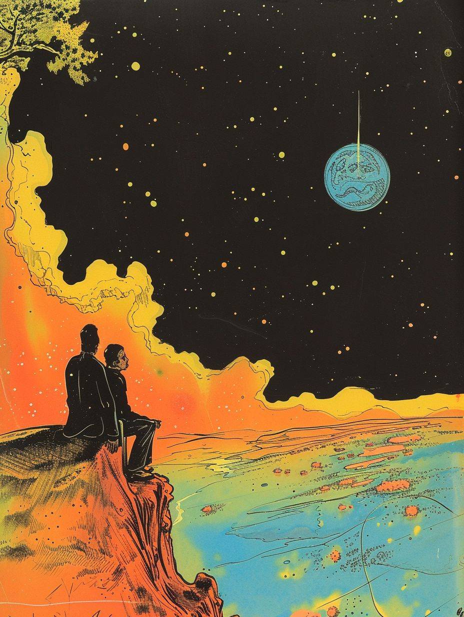 色彩、ペンとインク、エルジェ（Hergé）のイラスト、背景は宇宙と地球。悲しい男性と幸せな女性