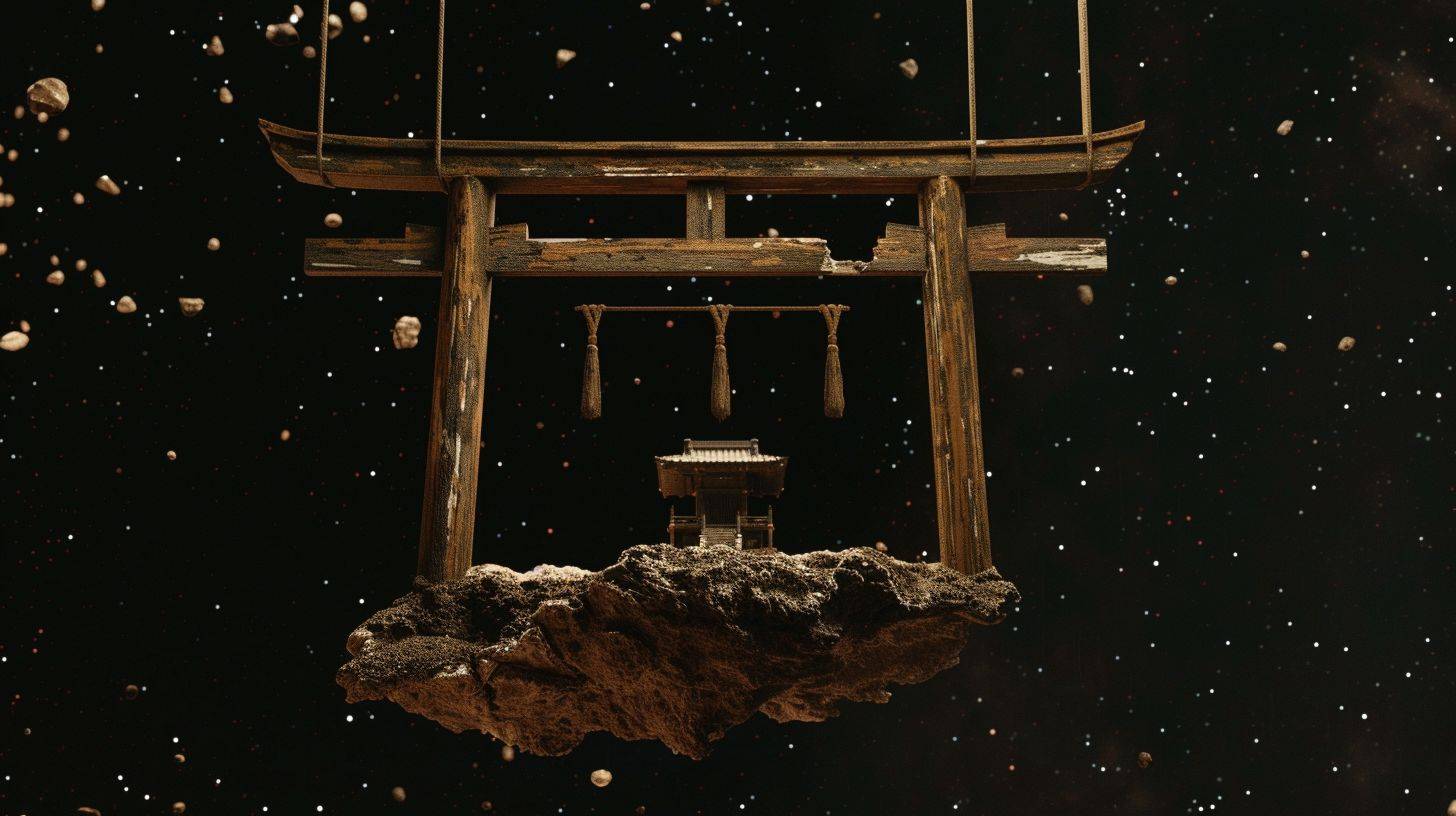 A Shinto ritual at a shrine floating in space, bridging the earth to the heavens, in 'Ancient Astral Theatrics', merging theatrical drama from ancient cultures with astral, space elements, in shrine wood and void black style.