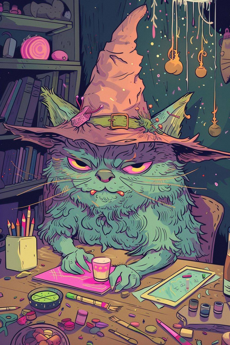 An illustration of an ugly green witch doing arts and crafts in the style of Pusheen.
