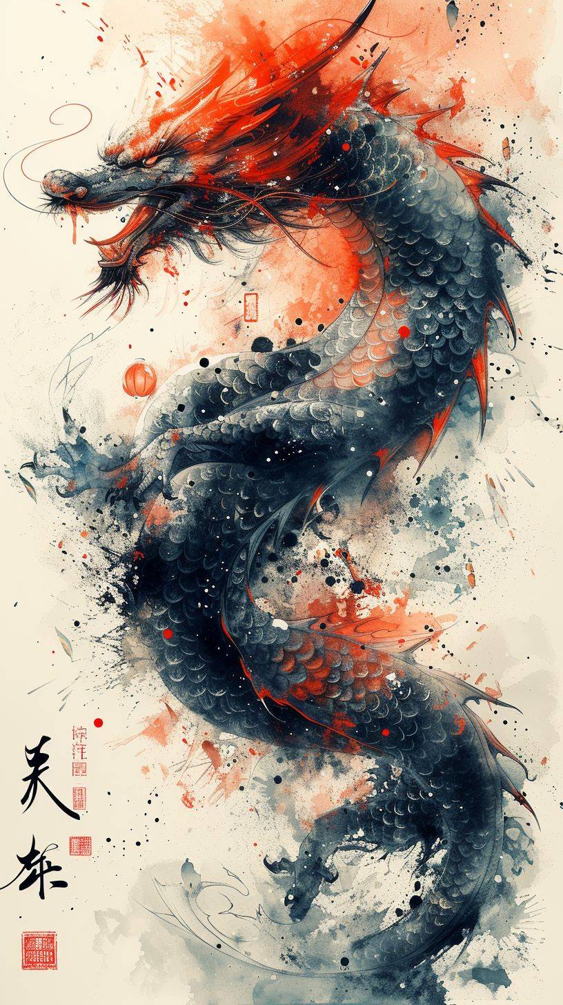 Chinese dragon painted by Wuguanzhong, adorable Chinese little girl, fireworks, very cute Chinese dragon funning, lanterns, smile, single color, red, celebratory, harmonious, joyful, soothing, elegant, happy new year, foil print, rendering with dots, flat illustration, vector illustration, line composition, sample detail, minimalism
