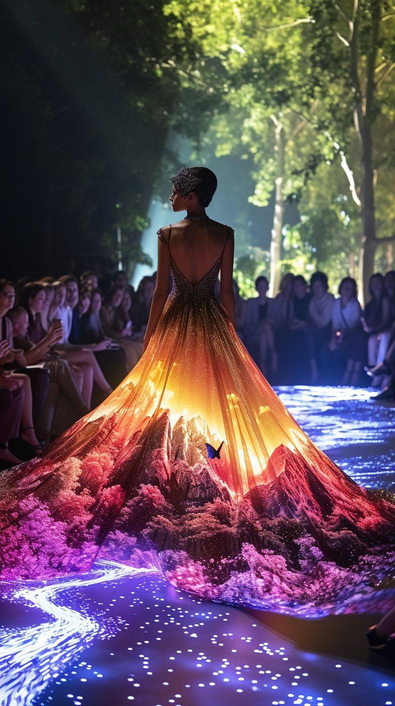 Fashion show with audience, the model is wearing a long dress in a shape of miniature waterfall. The dress features mountains, bioluminescent trees, blooming trees and flowers, butterflies and mushrooms.