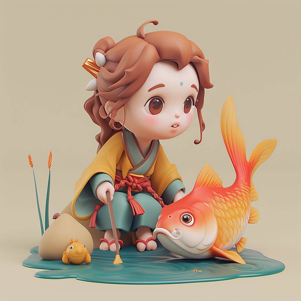 A cartoon girl and a goldfish sitting on the ground, in the style of Zbrush, Chinapunk, adorable toy sculptures, oshare kei, folkloric realism, charming characters, 3D