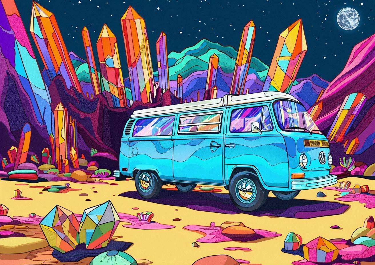 Psychedelic pop art, bold colors, clean lines, a light blue 70s Comby van, stalagmites in a giant crystal cavern, cartoon style, DMT art, strong visual flow, peace and pot symbols