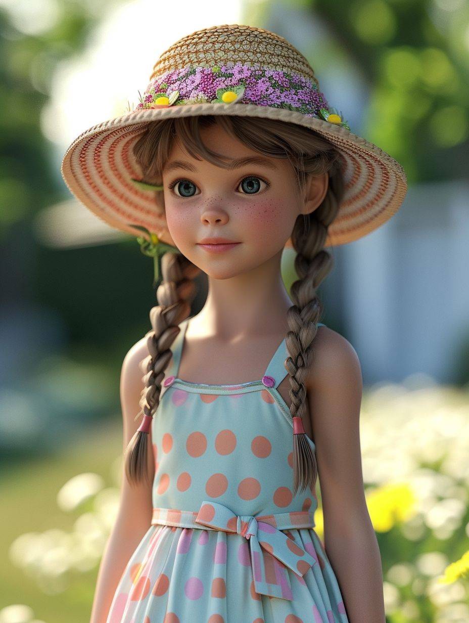 パステル色の水玉のワンピースと遊び心のある日よけ帽をかぶった陽気な少女、三つ編みの髪、背景は庭