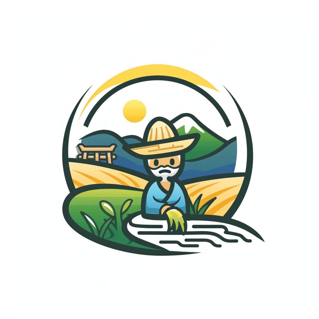 Cartoon logo, design a rice logo called musesai incorporating elements of fields and flowing water. There is an old man farming inside, appropriately incorporating grain elements. There is a rural gate element, using green and yellow, and adding a little blue, low saturation, lively, preferably with landscape elements, white background, minimalist style, Japanese style.