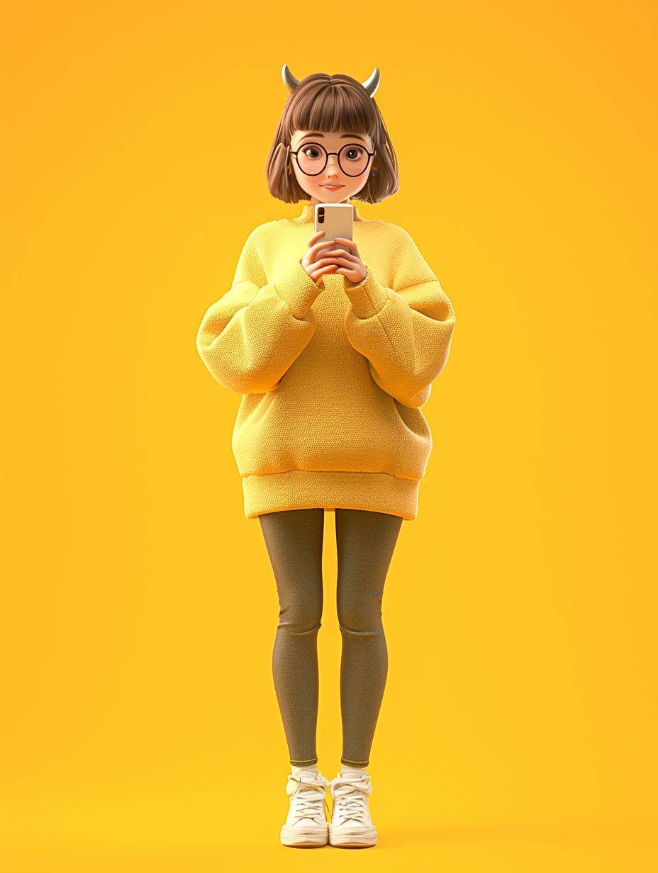 Lily is a 26-year-old Asian art teacher who takes photos with her phone. Happy, blind box toy, white background, clay, blind toy, image wave, Octane render, Maxon Cinema 4D, high detail, hyper quality, 8K Resolution, 3D