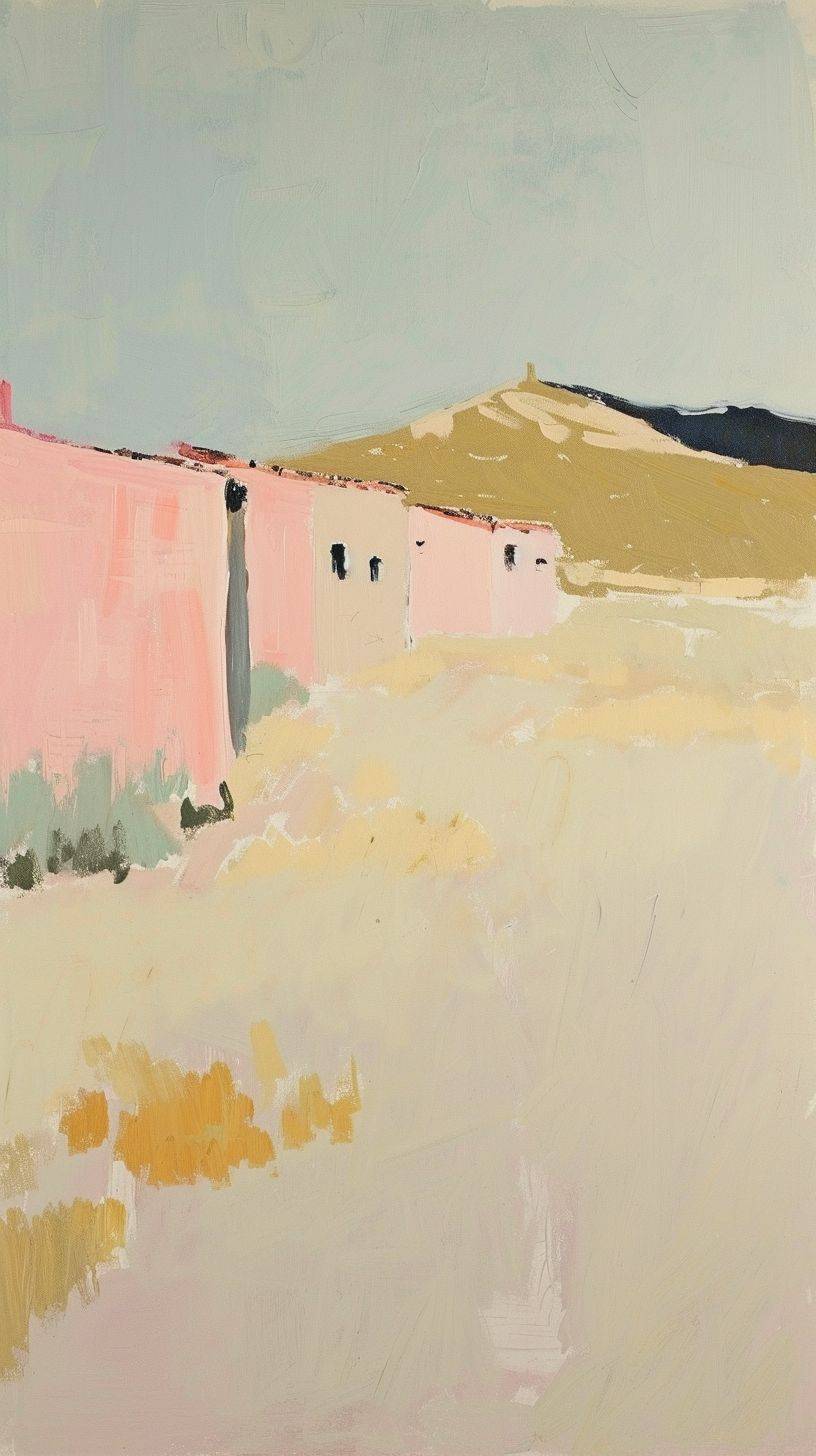 Row of cacti in the desert, light pink colors, rough painting, simple broad brush strokes by Fairfield Porter.