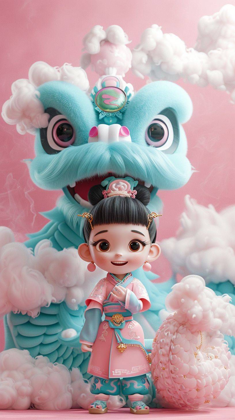 Pixar animation style, Chinese New Year. Pink background, made of marshmallow material, a big blue and pink Chinese dragon with a big smile, its tail is like a cloud, it has a colorful cloud on its head, standing next to it is a super cute little girl wearing traditional Chinese clothing, strong light effect --ar 9:16 --v 6 --stylize 250