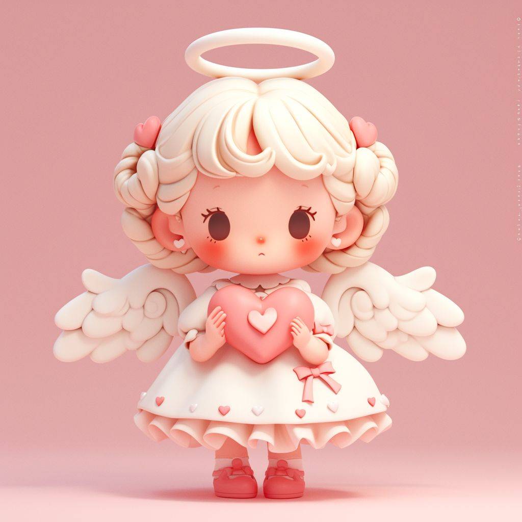 Super cute girl IP by pop mart is a series of blind box toys featuring characters like Bright Eyes, Cherub. They wear cute white skirts and are made of clay, with glossy and delicate appearance, showcasing well against a clean background. They are original content rendered in full-body 3D with the best quality, supporting 4K ultra-high-definition display and featuring super detail.