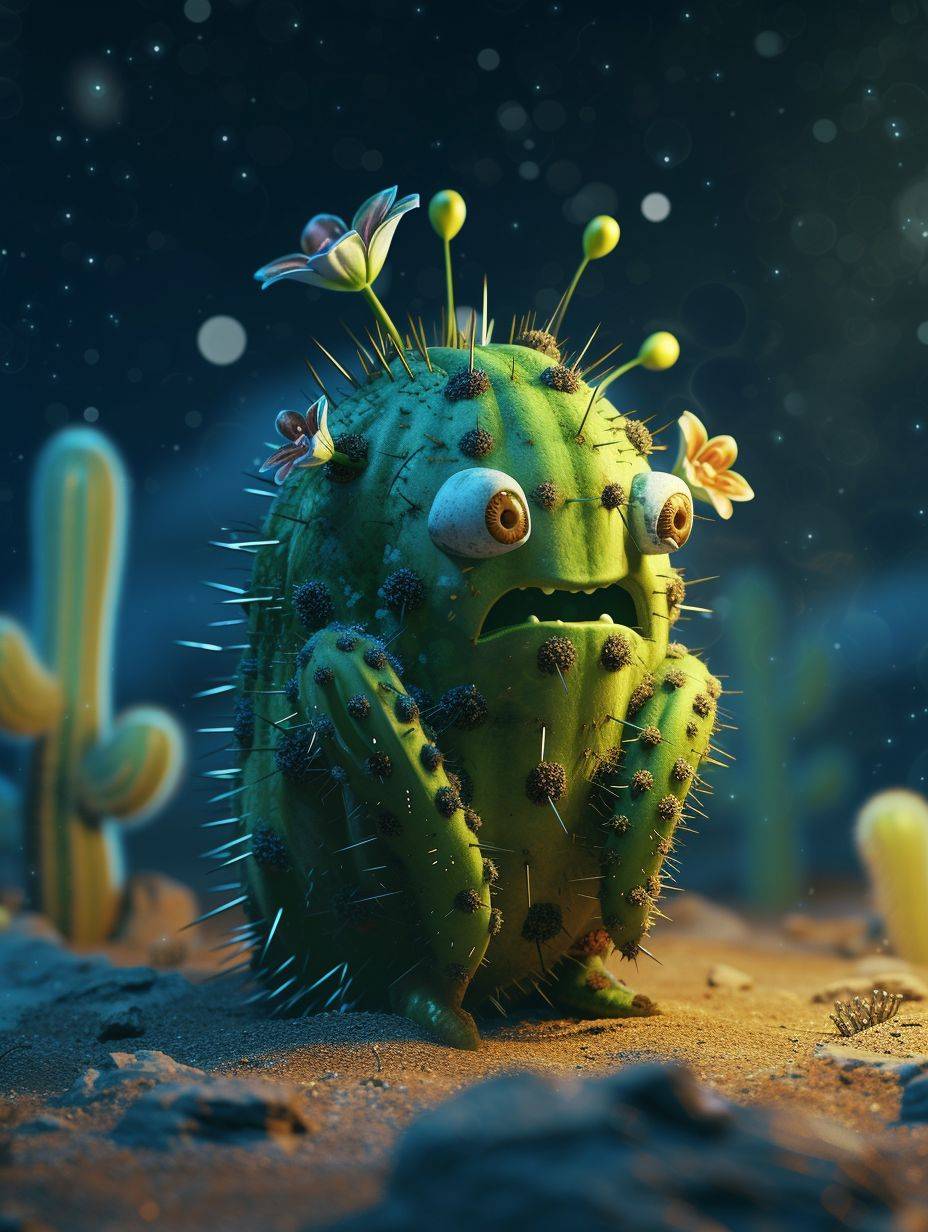 Cute roly-poly creature with cactus spikes and a flowery tail, 3D print illustration, smooth animation, desert oasis at night scenery