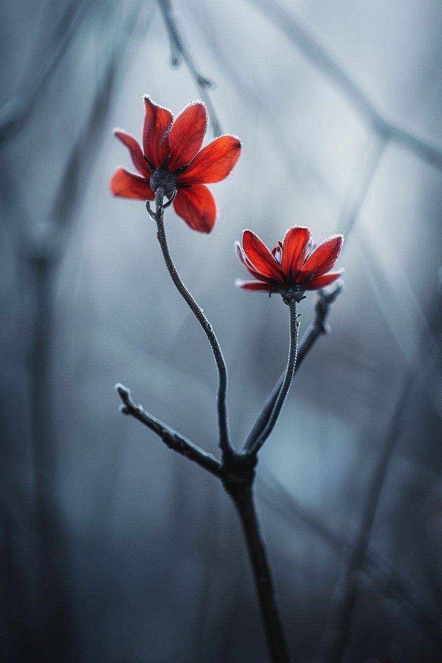 Nathan Wirthによるマクロ写真、冬、ディテール、お互いに触れ合う2つの花、朝の光