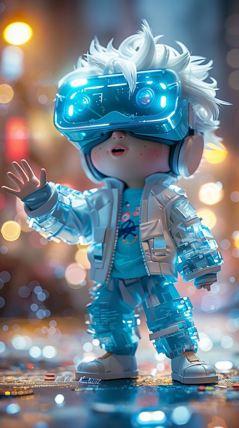Fashionable toy design, a mature boy with light blue and white short hair, wearing VR glass textured glasses, raising his hand to touch the virtual, jumping movements, smiling, wearing an exquisite silver white glowing jacket, paired with a high-end light blue natural color scheme, bright and harmonious, cute and colorful detail character design, embellished with green decoration, pixels, clay material, pink, studio lighting, rear view, octane rendering, mixer, ultra-high quality, ultra-high definition, 8K, vivid brushstrokes, on white isolated backgrround --ar 9:16 --stylize 750