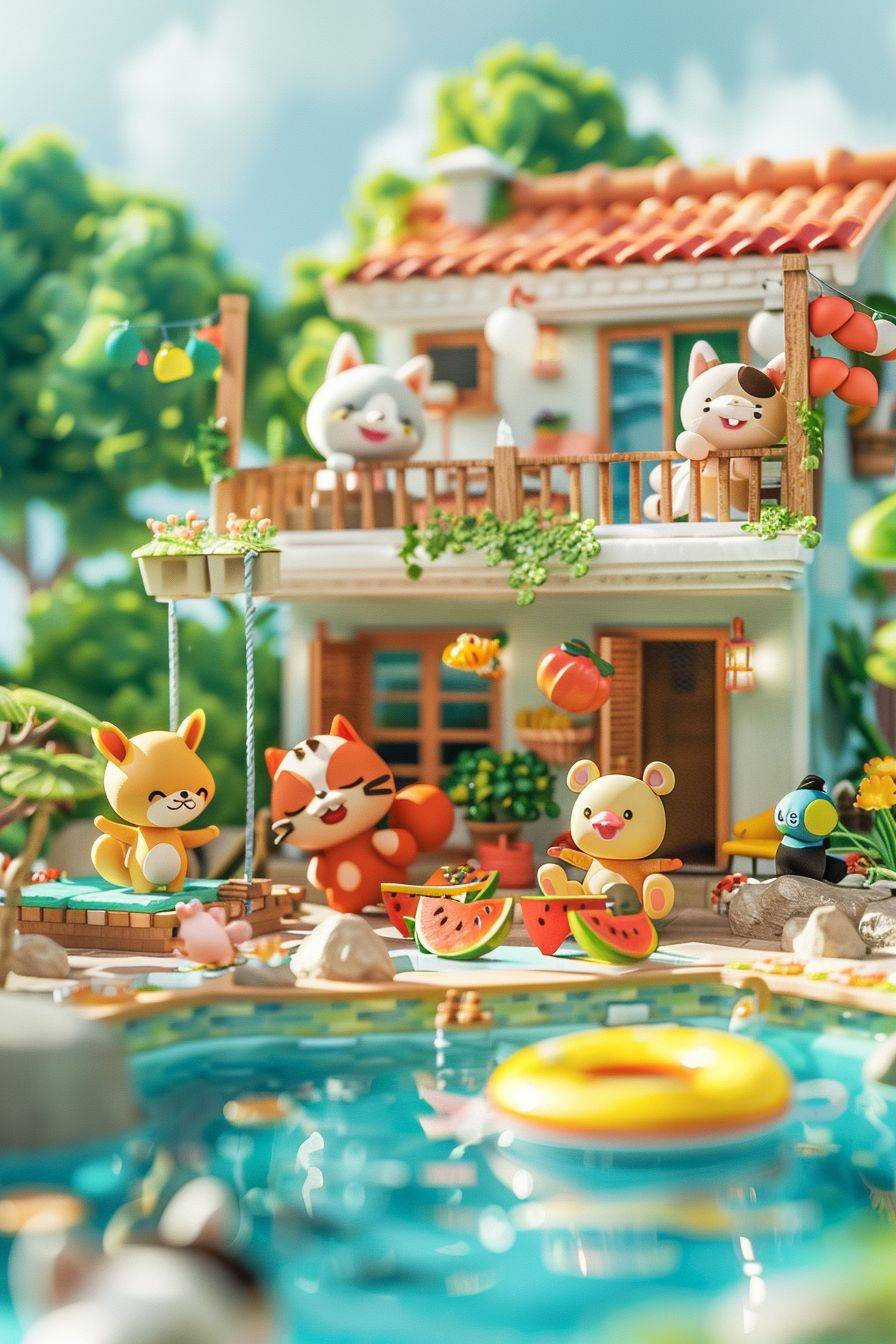 Summer animals villa party, miniature, cute animals play joyfully, friends gather on the balcony, in Animal Crossing Friends Club style, laughter and joy, enjoying summer, dispersion, close up, Energy, happiness, delight, clay material, perfect soft light, bright and colorful, fixed animation, exquisite facial features, clear outline structure, movie perspective, isometric, swimming pool, watermelon, garden, swing, swimming ring, little yellow duck hovercraft, volume, brush rendering, 3D, octane rendering, low detail