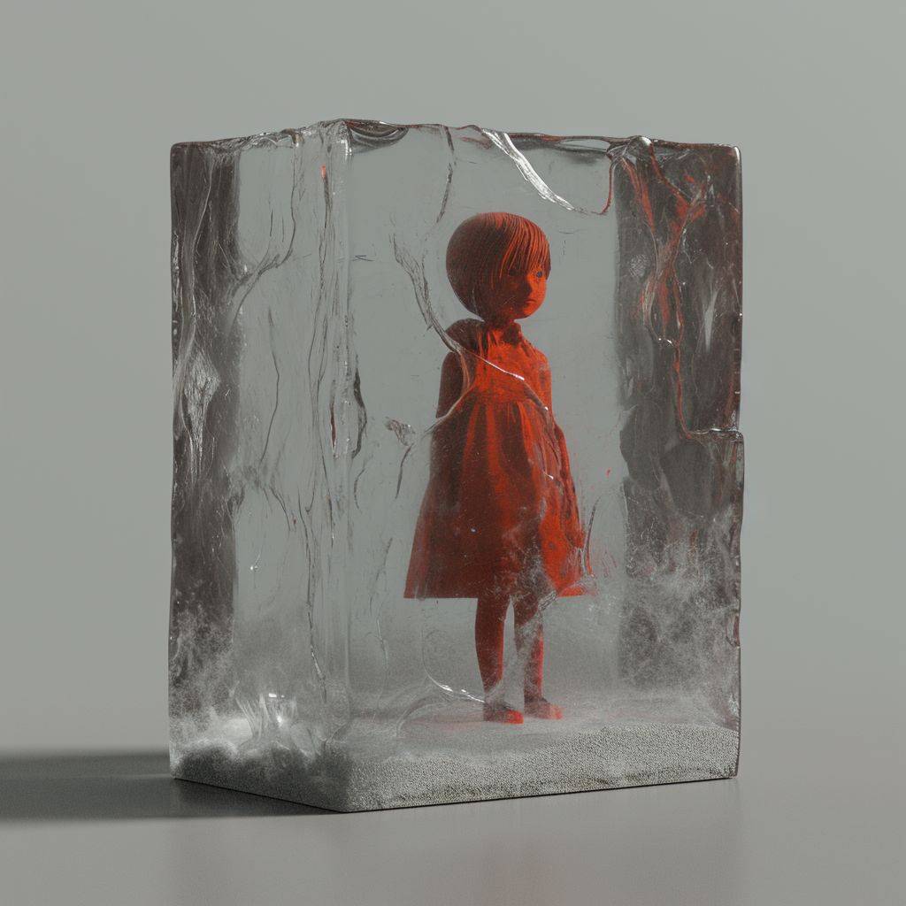 Create a photorealistic image of a [OBJECT] in a larger and thicker block of ice. The ice block should be massive and imposing, with its sheer size and density making the [OBJECT] inside appear more blurred and shadowy.