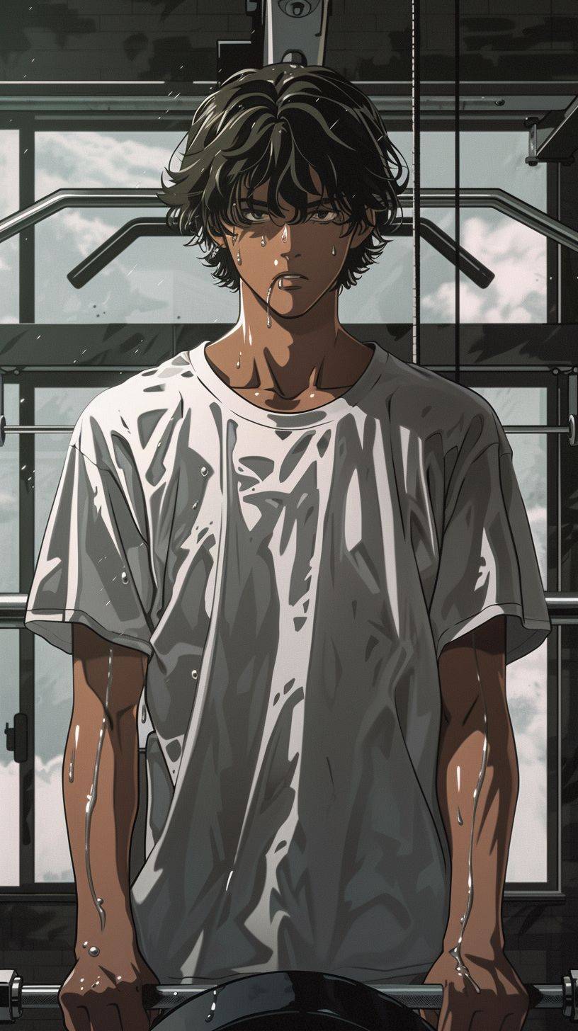 Create an image that captures the essence of 1990s anime style, featuring a slender male figure wearing an oversized white t-shirt. The scene is set in a gym where the man is visibly straining to lift weights on a bench press. His effort is highlighted by the detailed depiction of sweat on his skin, emphasizing the intensity of his workout. The artwork should be in black and white, mirroring the specific aesthetic of a genuine anime series from the 1990s. The composition should closely resemble a screenshot from an anime, with attention to the characteristic art style of the era, including the facial expressions, body language, and the gym environment around him.