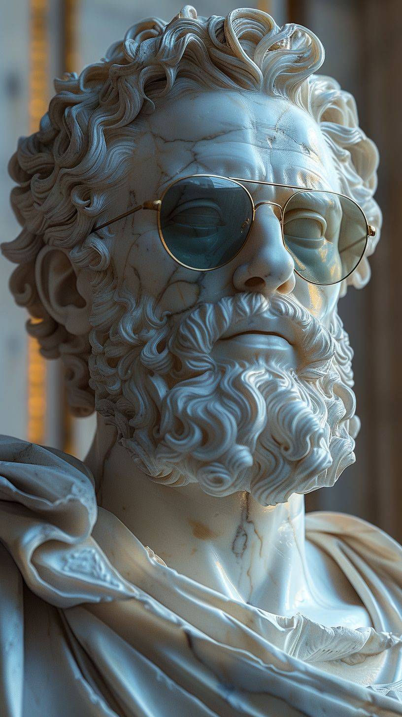 A hyperrealistic photo of a milky white human statue, portraying an aged version of Marcus Aurelius looking directly at the viewer, showing his full face while wearing synthwave sunglasses