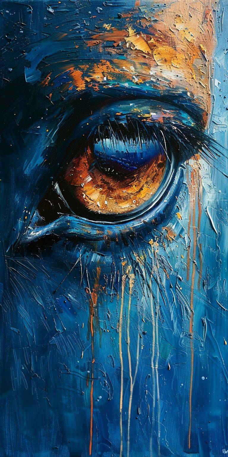 The horse painting consists of beauty blended with dream, energy, and imagination. It's up close and personal. Terrible and wonderful. A dream inspires awe and joy. This dream is what makes our shared future possible. Beautiful dreamer. Turquoise, orange, cobalt blue oil painting