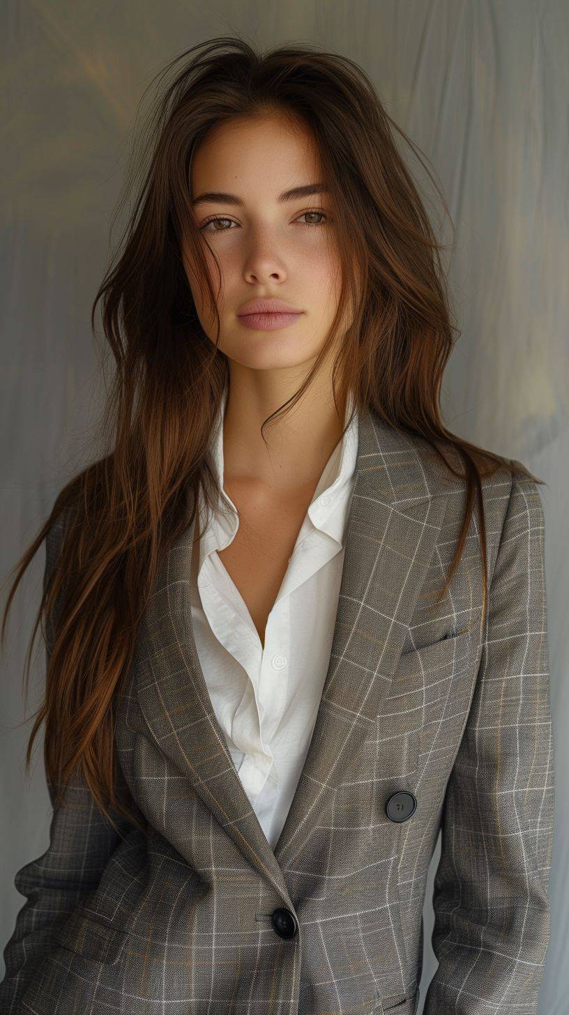 A professional photo of a beautiful Slavic girl. She is 160 cm tall with dark brown straight hair of medium length, reminiscent of the girl from Agent 007. She is dressed in an elegant stylish suit, giving off a dangerous vibe in a studio photo against a monochrome background. The photo was taken at noon in the summer of 2024, using Fujifilm Superia Venus 800 film. --ar 9:16 --v 6 --stylize 800
