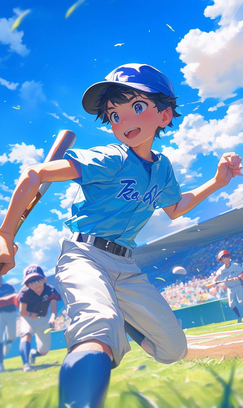 アニメのポスター、野球場を走る若い選手たち、野球のトレーニングをしています。野球ユニフォームを着用し、野球帽をかぶり、バットを持っています。新海風のアニメスタイル