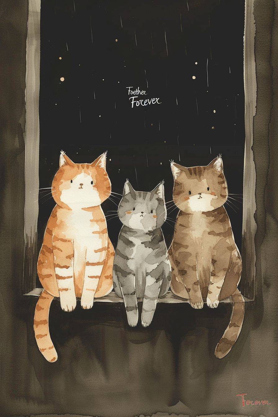 Three cats sitting together on a window ledge, first cat on the right is brown tabby, the cat in the middle is a grey tabby, the 3rd cat is grey with white paws, on shimmering dark amber white surface, charming yet childishly simple minimalistic storybook style, referential stippling art, Kiichi Okamoto, Tomoyoshi Murayama, gouache brushwork mixed with grainy woodblock print, playful hand-drawn gesture, abstract hatching lines and detail, kawaii chibi ukiyo-e, bold pop art aesthetic, vibrant colors, handwritten title "Together Forever"