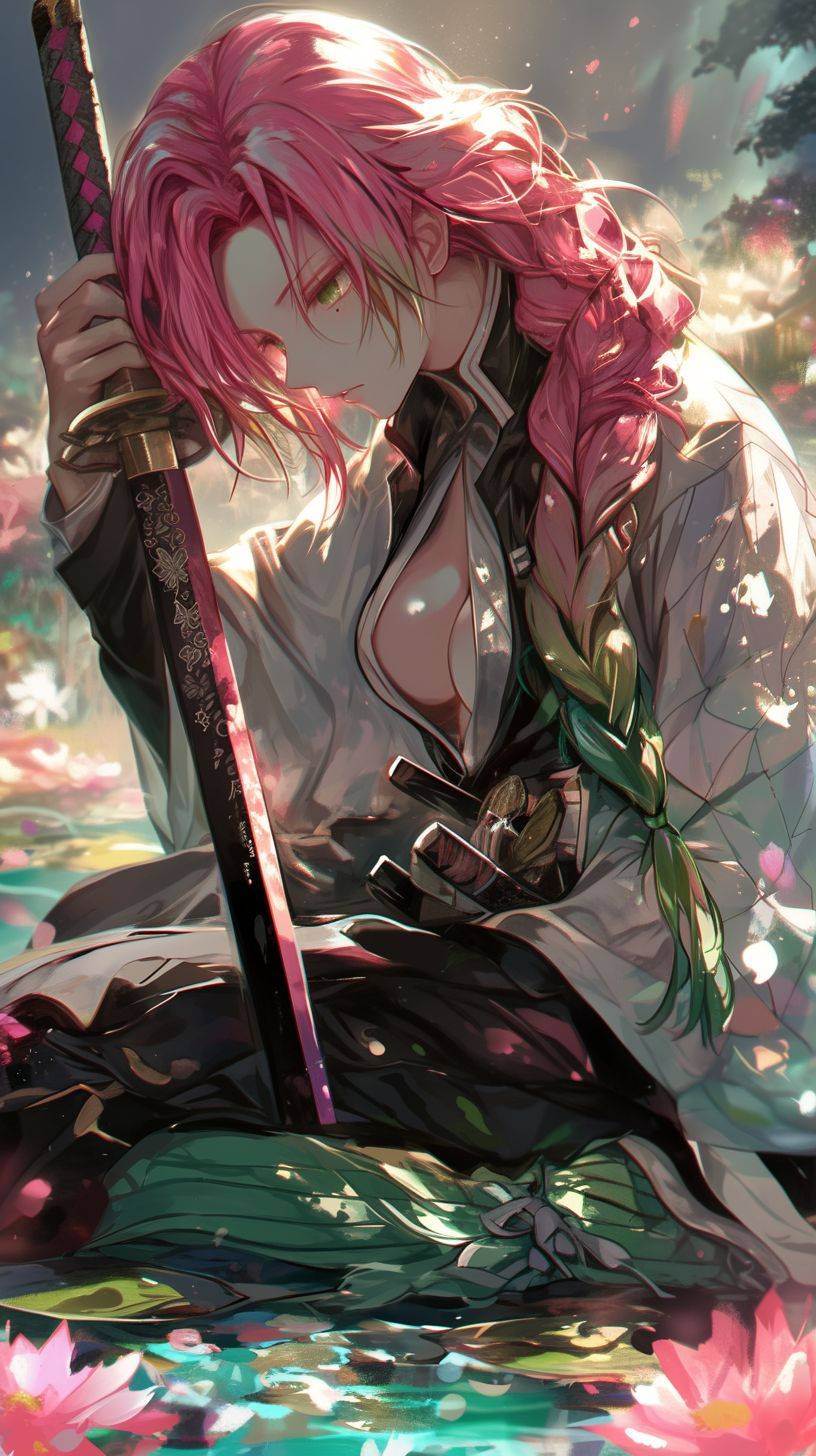 Illustration of Mitsuri Kanroji from Demon Slayer, sitting in a pond and holding her sword in an anime style characterized by light magenta and light green, saturated pigments, realistic human form renderings, mastery of ink, and fluid and loose style. --ar 9:16 --niji 6 --style raw --stylize 1000