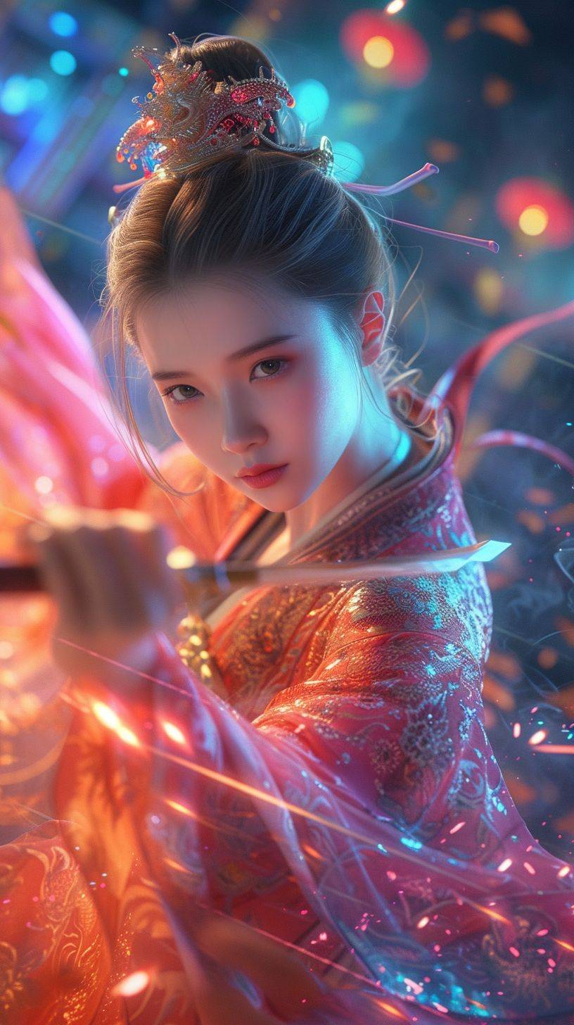 古代中国の衣装を着た少女、全身写真、アジア人、刀を持ち踊る、武術と妖精のような雰囲気、ゲームキャラクター、ルーンで囲まれた電子工学的スタイル、ネオンライト、最高の品質、傑作、CG、HDR、高精細、非常に詳細、写実的、壮大、詳細な顔、美しい、詳細なUHD画像