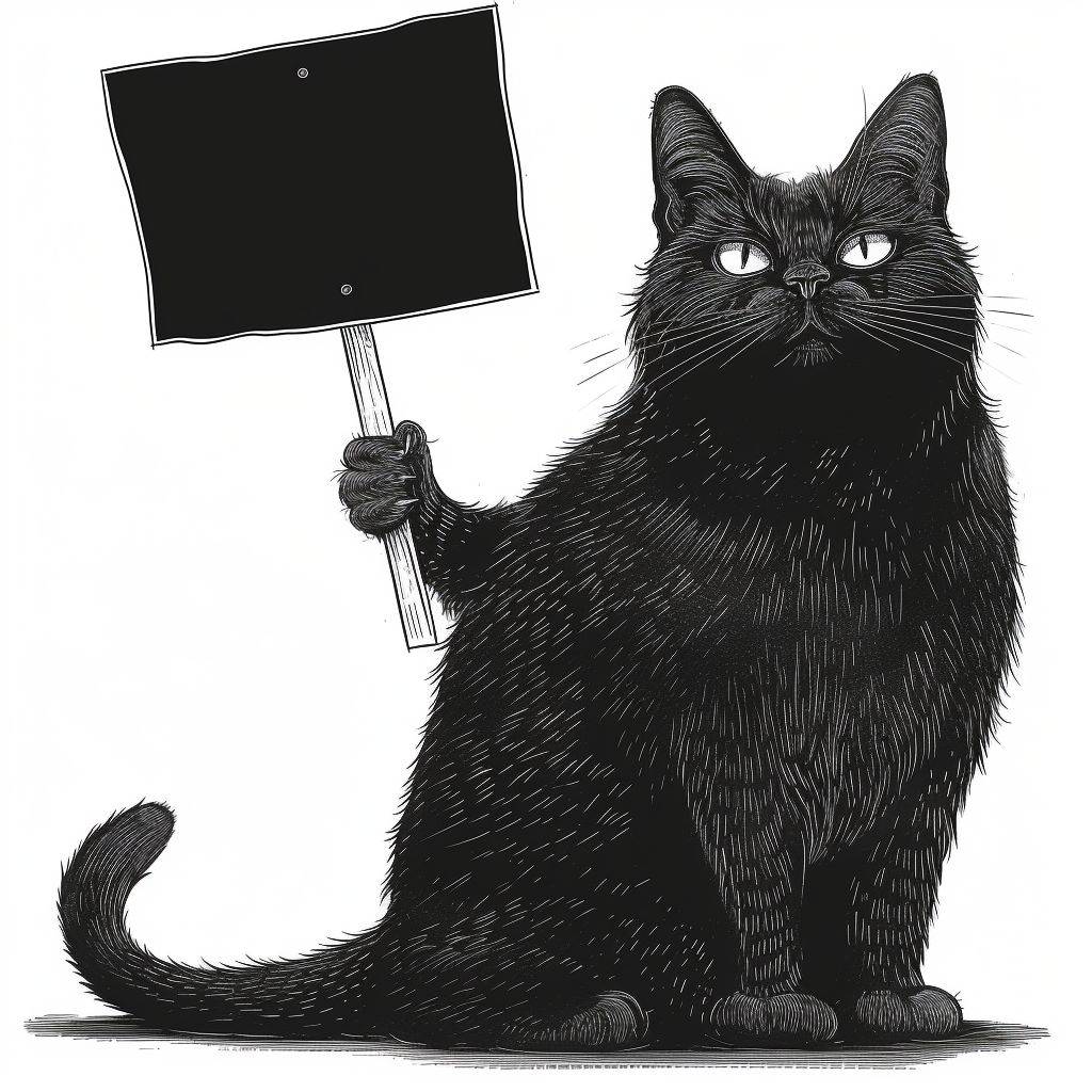 空の抗議サインを持つ太った黒猫、滑らかなラインアート