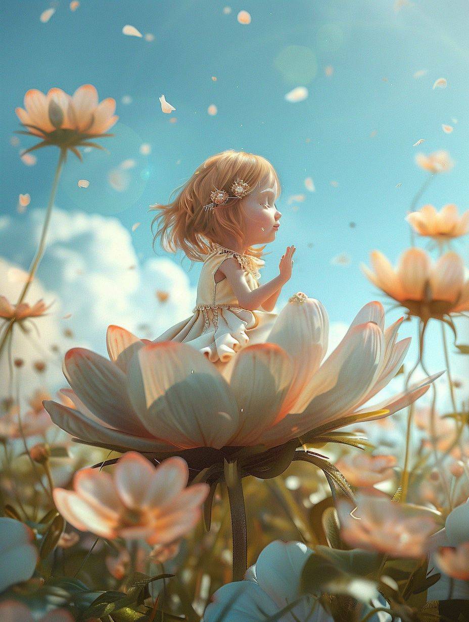 It's spring, a super cute little girl IP sitting on a huge flower as if dreaming, sunny day, chibi, 3D, natural lighting, full body portrait, 8k best quality, super detail, super detail, Ultra HD --ar 3:4