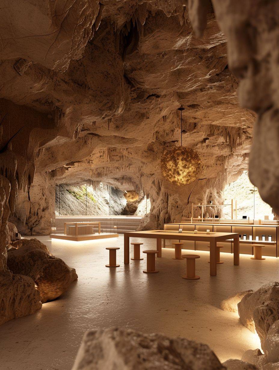 Photorealistic image of a cave transformed into an Apple Store, where the cave's natural formations are ingeniously incorporated into the room's design. Features include ambient lighting, modern comforts blended with the cave's rugged texture, and elements that highlight the unique integration of nature and functionality, resulting in a space that is both visually stunning and highly practical.