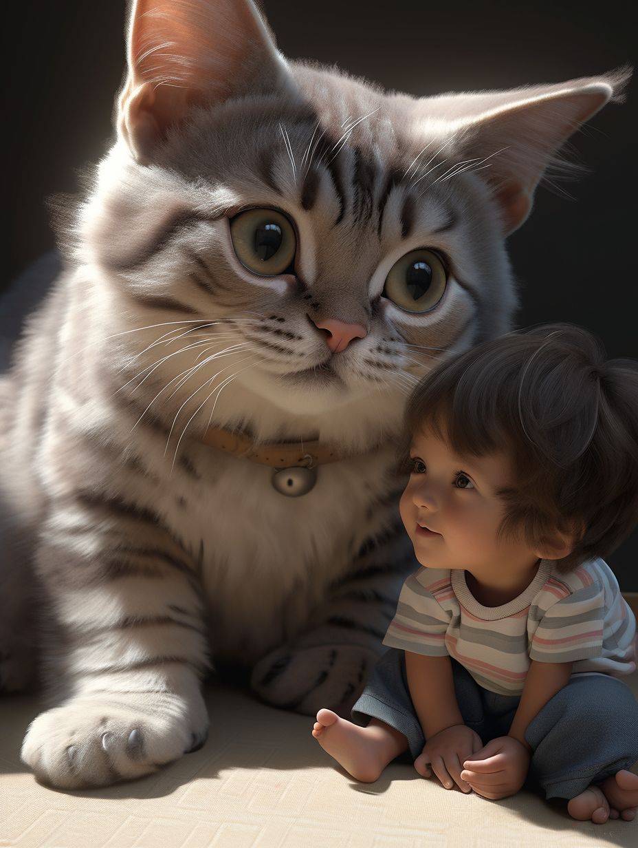 A huge cat, with vertical chartreuse pupils, sat on the carpet in the bedroom and played with a beautiful Japanese boy in a white shirt. This boy has black hair and big watery eyes. They are very excited and dressed in dreamy light blue, white and orange. zbrush. hyper realistic oil. exaggerated perspective, contour shadow, realistic 8k resolution
