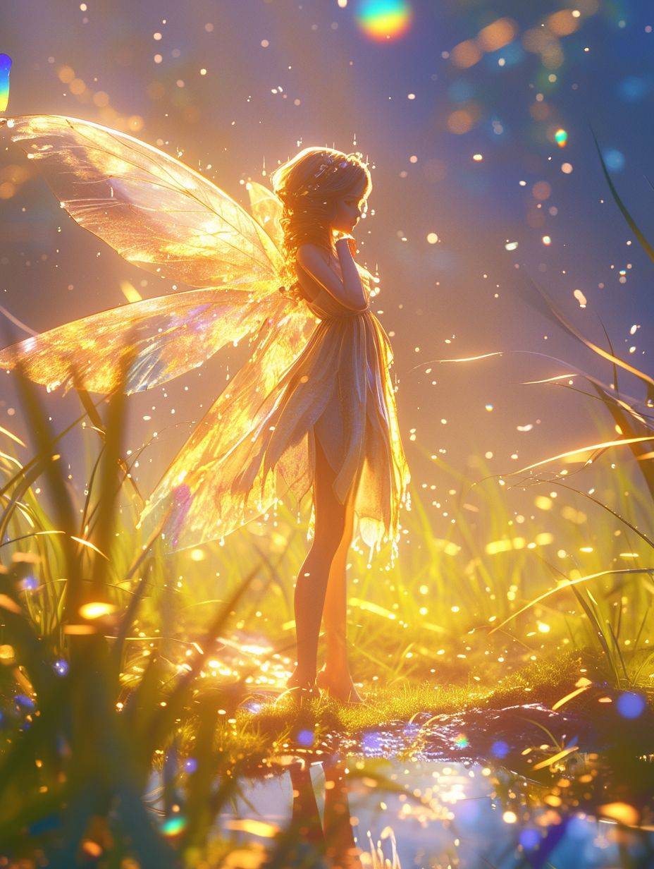 薄い翼を持つ妖精、3Dレンダリング、露のついた草地、虹の反射、朝の光、鮮やかな色彩。