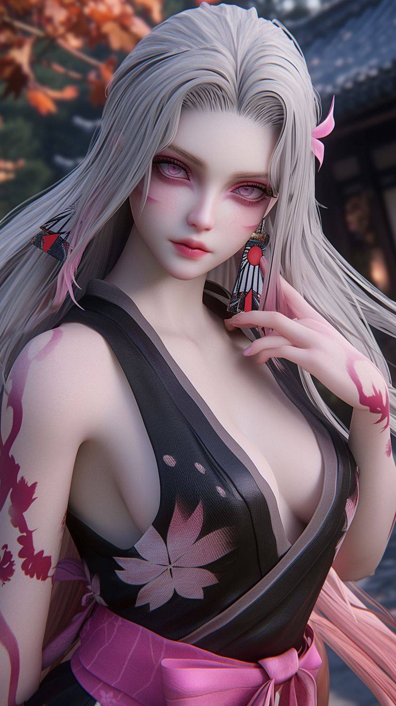 Daki Demon Slayer, in the style of high dynamic range, kawaii art, Koyoharu Gotouge, kimetsu no yaiba, animated illustrations, daz3d, exotic realism, vibrant manga, Chinese-inspired