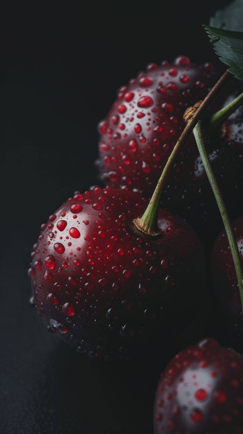 Water droplets on red cherries, black background, in the style of dark silver and dark maroon, applecore, associated press photo, berrypunk, dark red, oshare kei, photorealism, minimal, good vibes, dark color backgrounds, minimalist