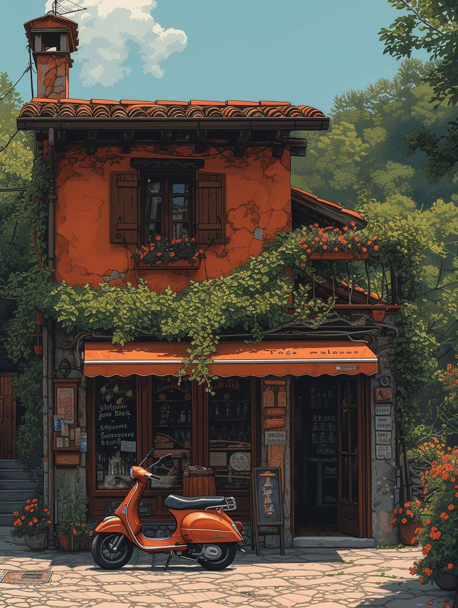 A cartoon of Matt Bors, an old bakery building with a motor scooter in front of it, in the style of romantic charm, Mediterranean-inspired, villagecore, sacricore, romantic atmosphere, absinthe culture, antique influences