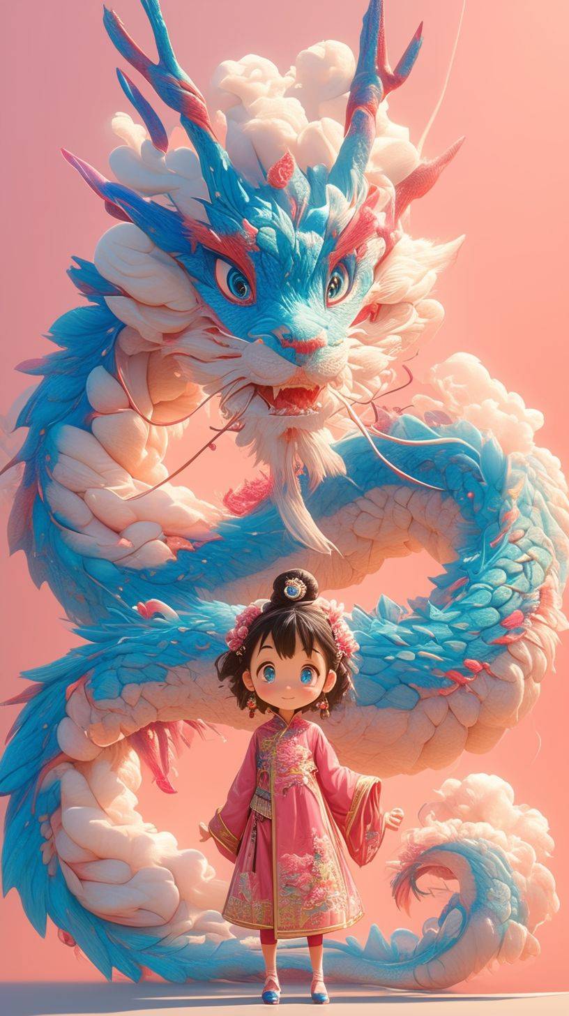 Pixar animation style, Chinese New Year, pink background, made of marshmallow material, a big blue and pink Chinese dragon with a big smile, its tail is like a cloud, it has a colorful cloud on its head, standing next to it is a super cute little girl wearing traditional Chinese clothing, strong light effect