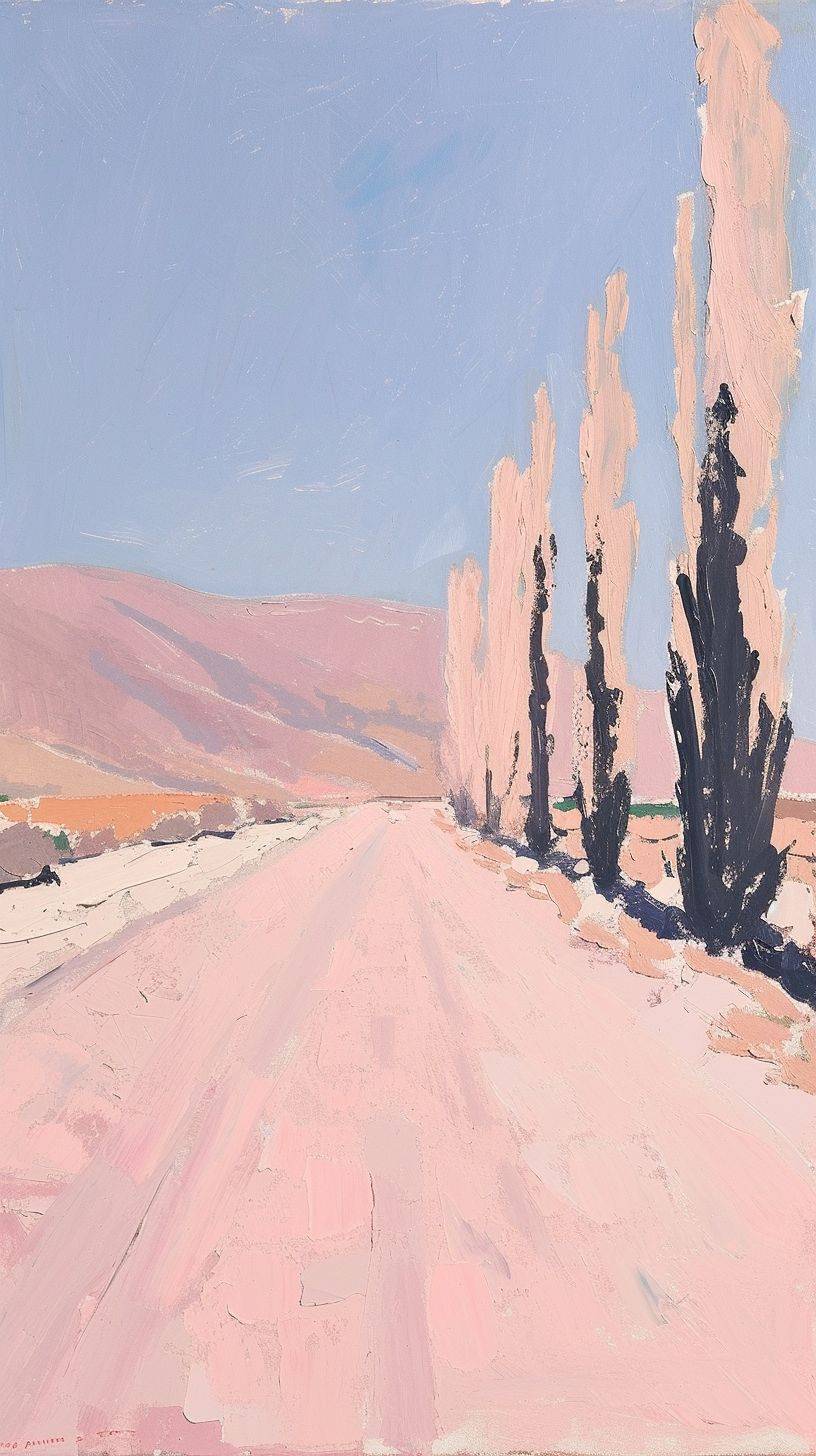 砂漠の中のサボテンの列、淡いピンク色、荒い絵画、フェアフィールド・ポーターによるシンプルな広い筆使い。