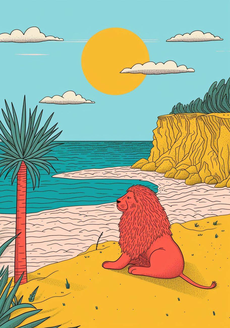 A minimalistic illustration of a derpy looking fluffy lion standing on the beach, with a dreamy sunset in the background. Simple illustration by Tim Lahan.