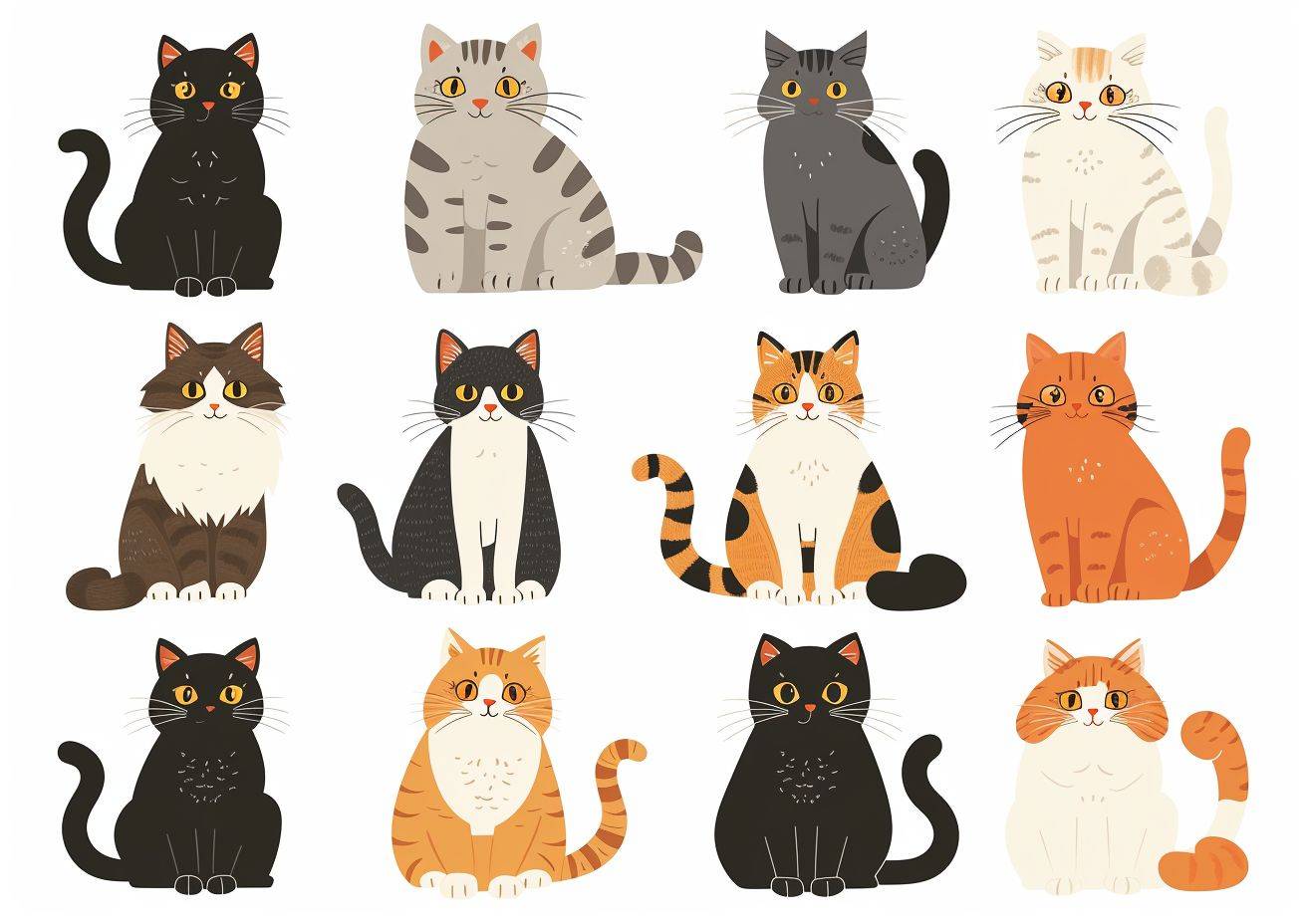 Fluffy cartoon drawing of different cat breeds on a white background in different color squares, with a raw style, aspect ratio of 7:5, frame rate of 6, and stylize level of 250.